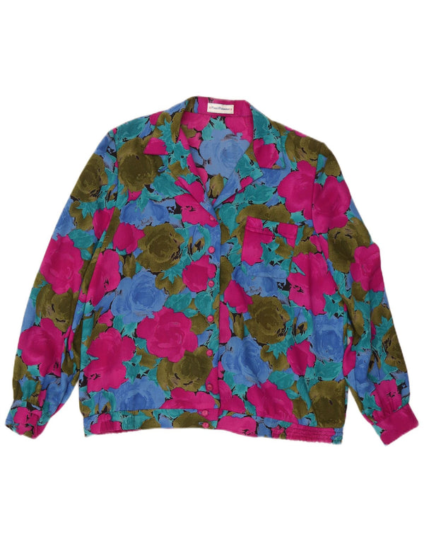 Blusa feminina vintage UK 16 grande poliéster floral multicolorido