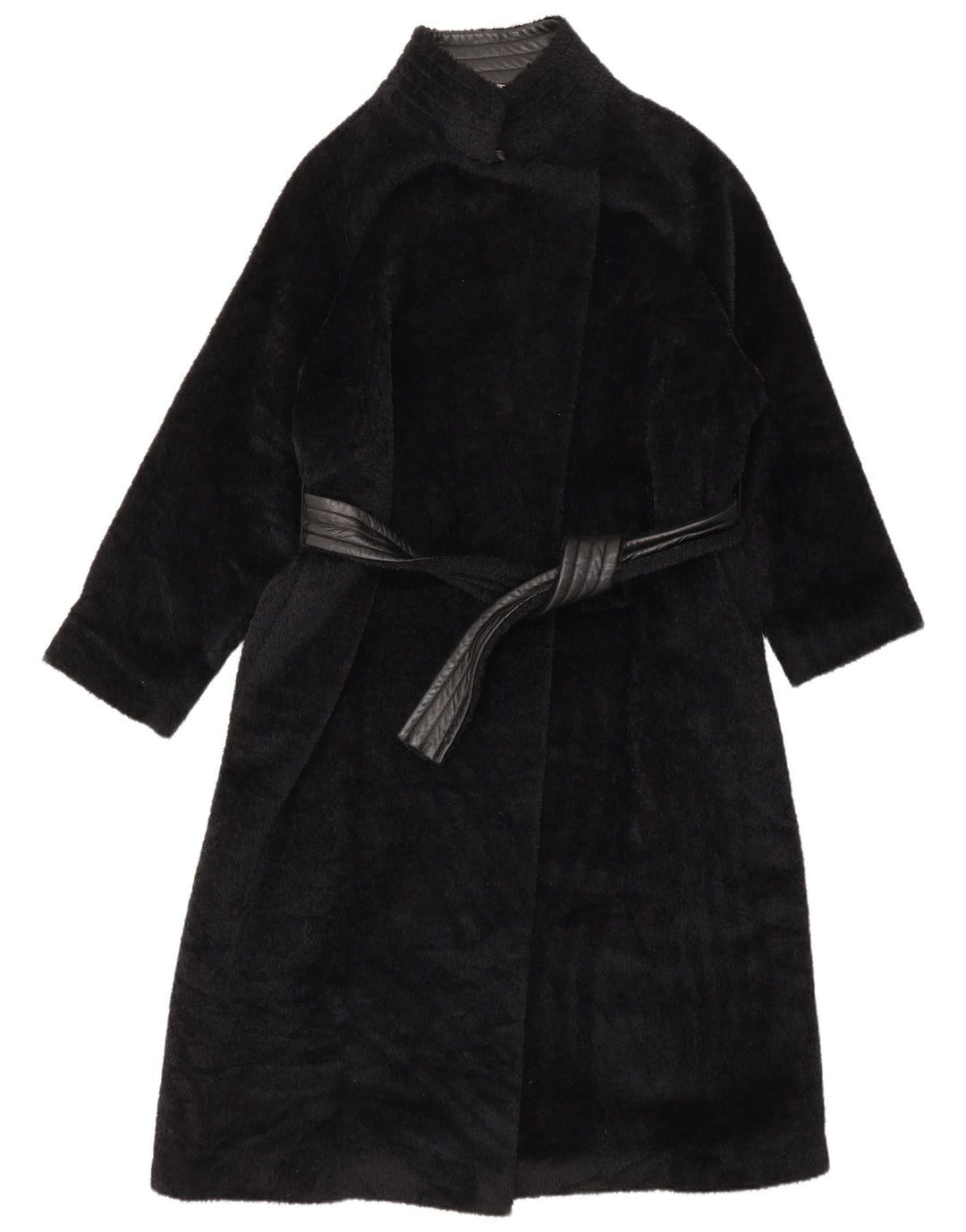 Max Mara Womens Wrap Faux Leather Overcoat UK 8 Small Black Alpaca Wool