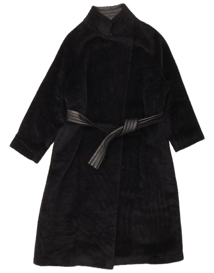 Max Mara Womens Wrap Faux Leather Overcoat UK 8 Small Black Alpaca Wool