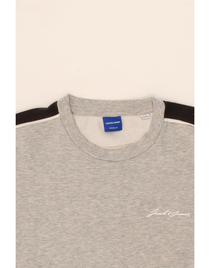 JACK & JONES Mens Graphic Sweatshirt Jumper Medium Grey Colourblock Cotton Vintage Jack & Jones and Second-Hand Jack & Jones from Messina Hembry 