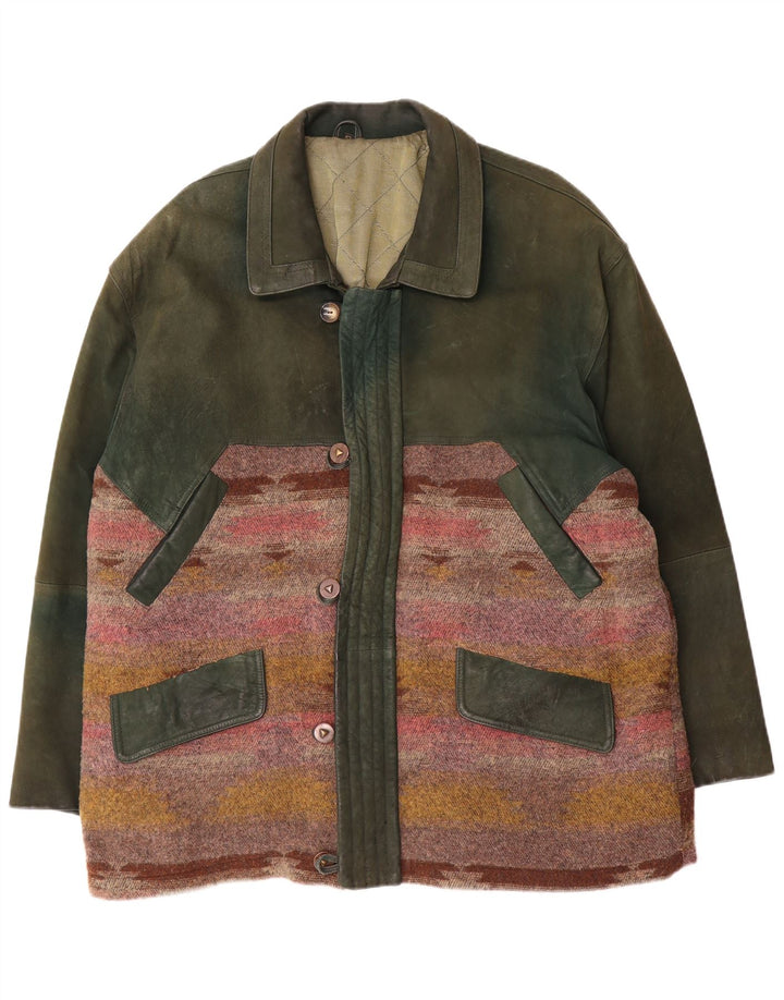 Vintage Mens Leather Jacket EU 52 XL Green Geometric Leather