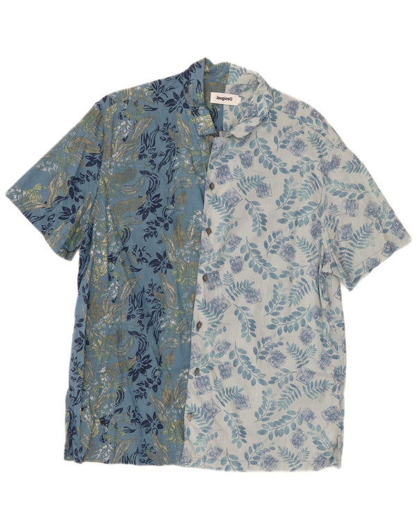 Desigual Hombre Camisa De Manga Corta De Algodón Floral Azul Grande