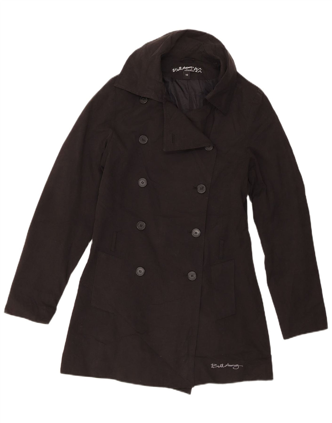 Billabong Womens Double Breasted Coat UK 10 Small Black Cotton