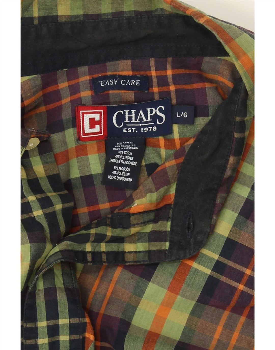 Chaps Mens Easy Care Shirt Large Green Check Cotton