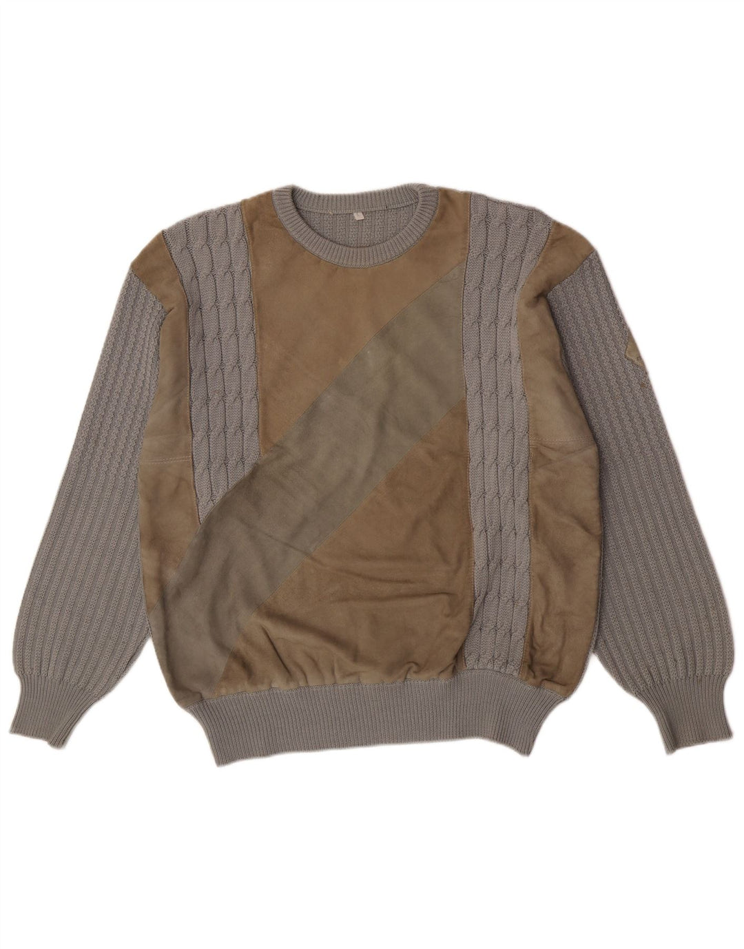 vintage Mens Crew Neck Jumper Pull Grande Laine Colorblock Grise