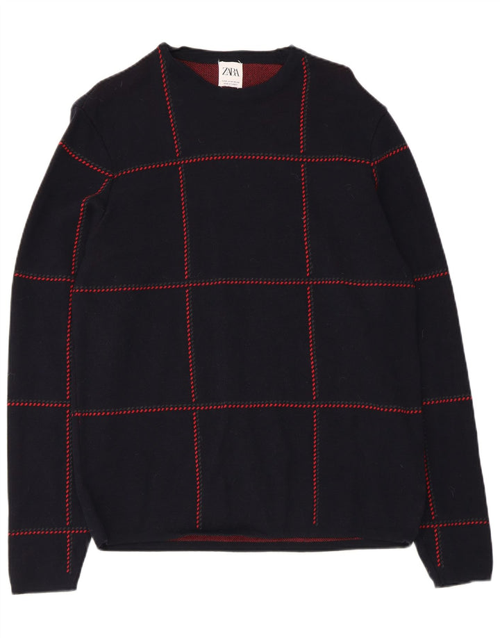 Maglione maglione girocollo da uomo Zara in cotone medio a quadri blu navy