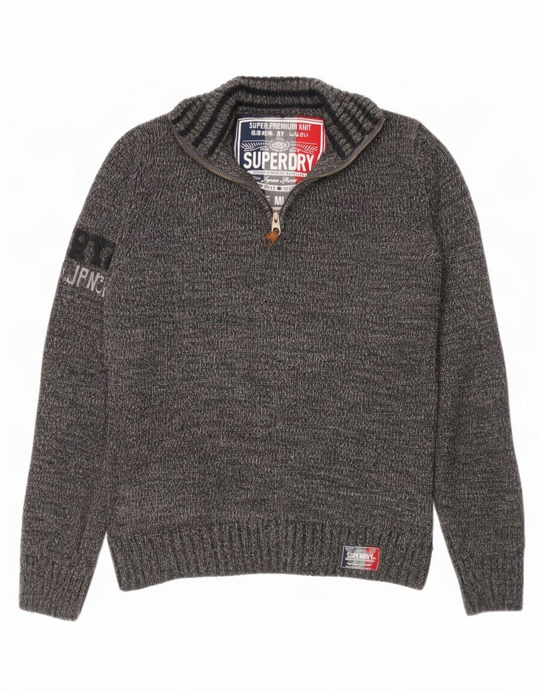 Superdry Pull Graphic Zip Neck Jumper Homme Gris Moyen Acrylique Moucheté