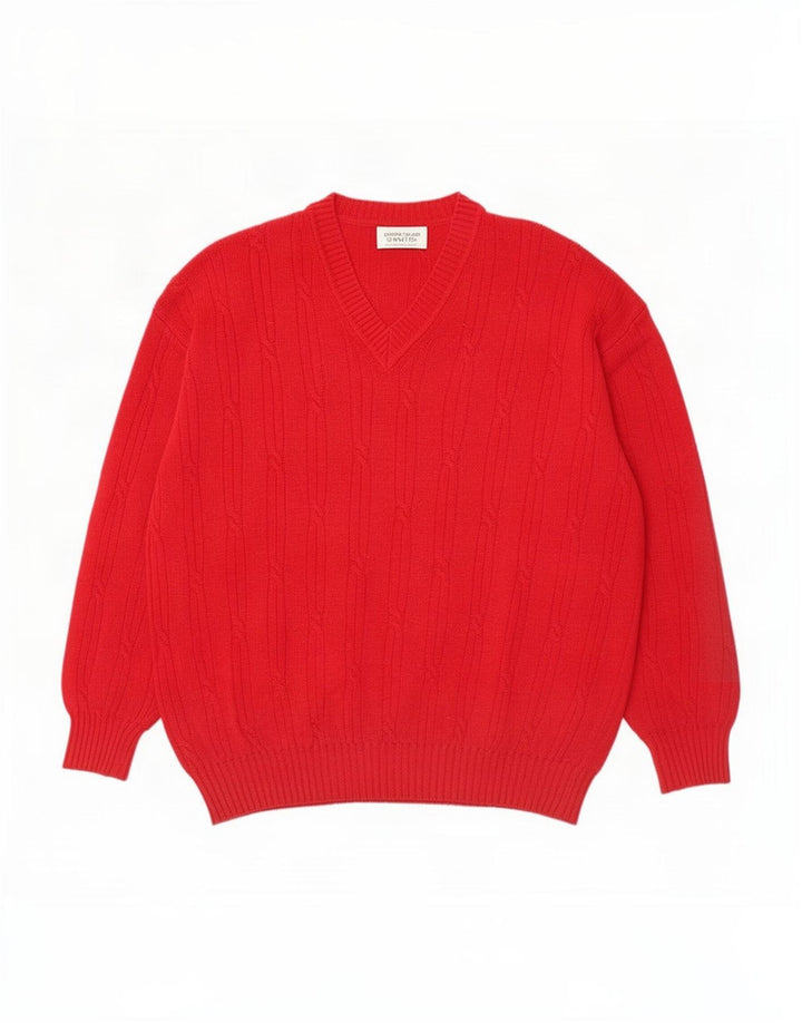 Benetton Mens V-Neck Jumper Sweater Large Red Lambswool