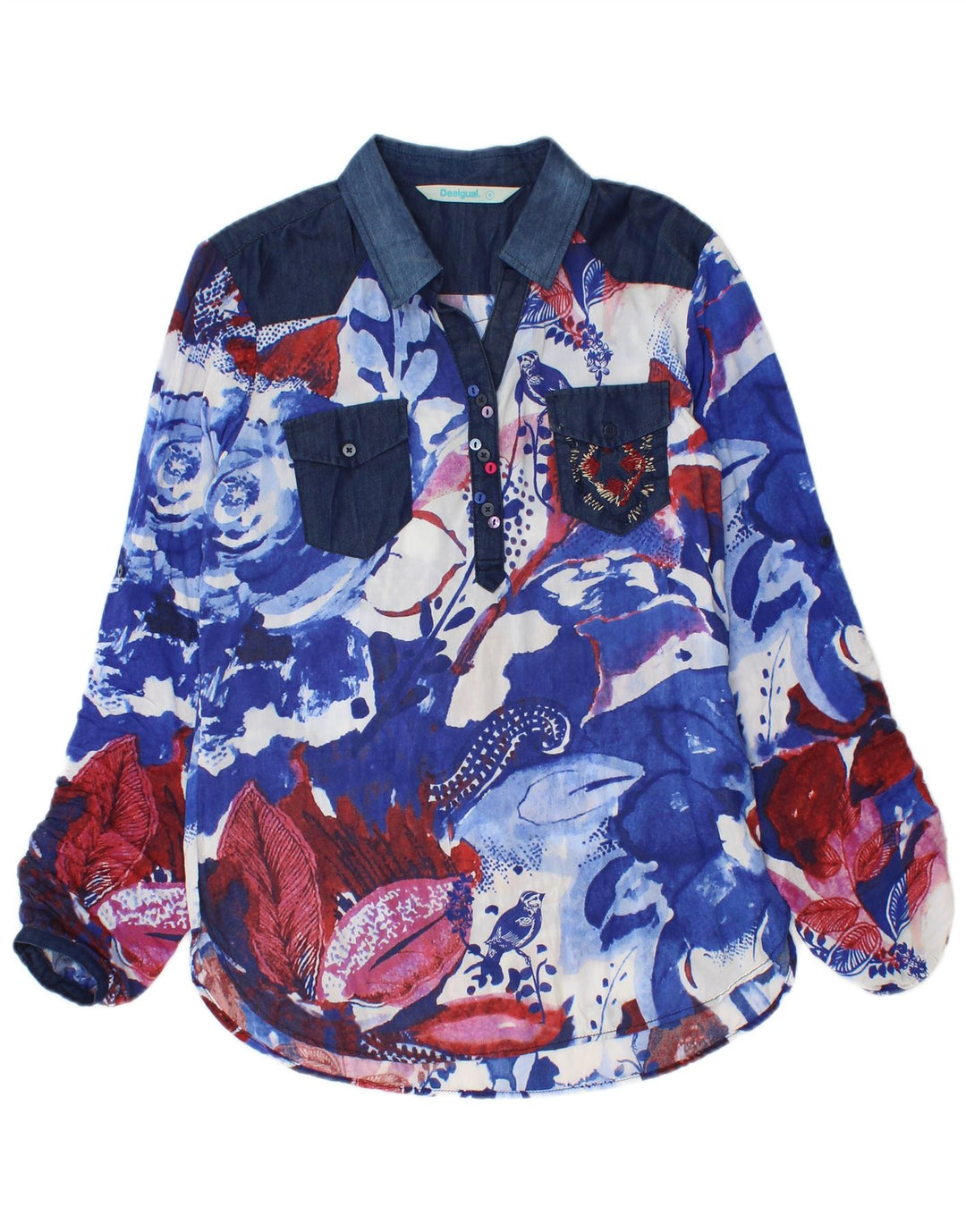Desigual Donna Pullover Camicia Camicetta UK 10 Piccolo Blu Floreale