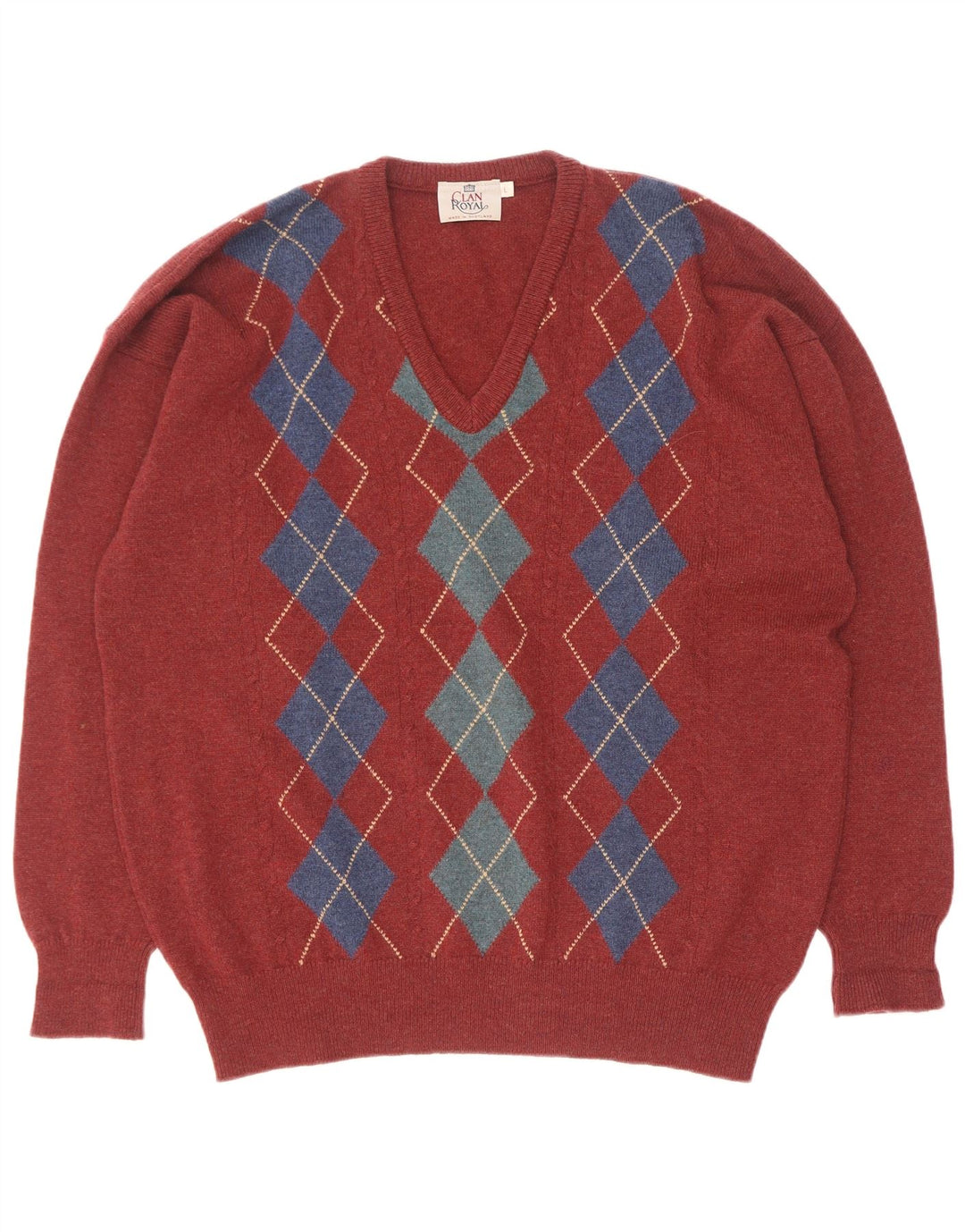 Clan Royal Herren-Pullover mit V-Ausschnitt, groß, rote Argyle-/Diamant-Lammwolle