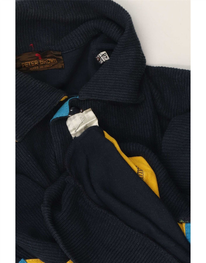 Peter Brown Mens Cardigan Sweater IT 48 Medium Navy Blue Colourblock Cotton