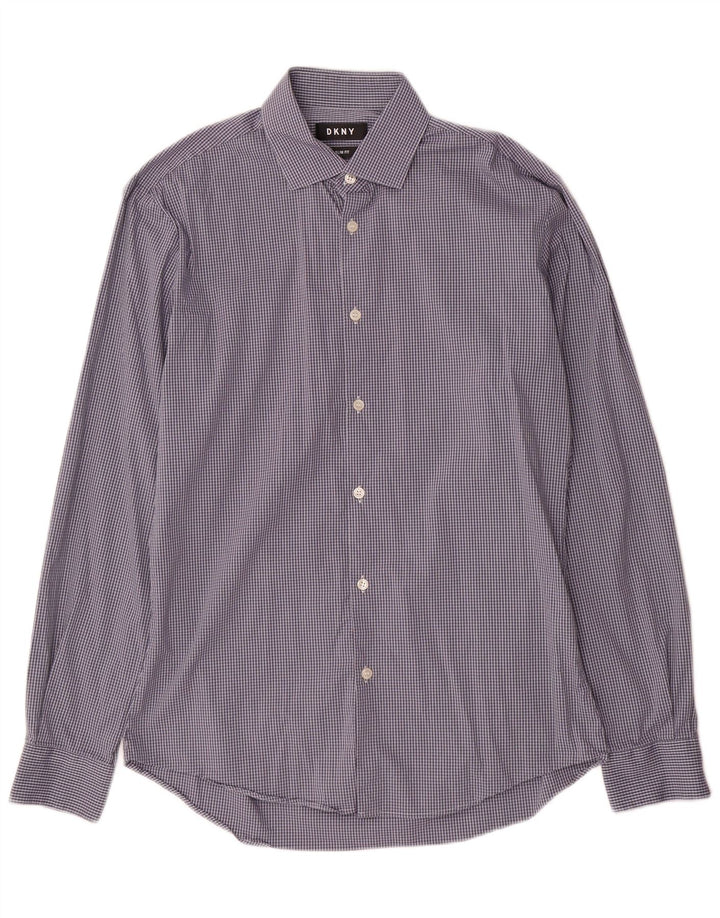 Dkny Mens Slim Fit Shirt Size 39 15/5 Medium Blue Check Cotton