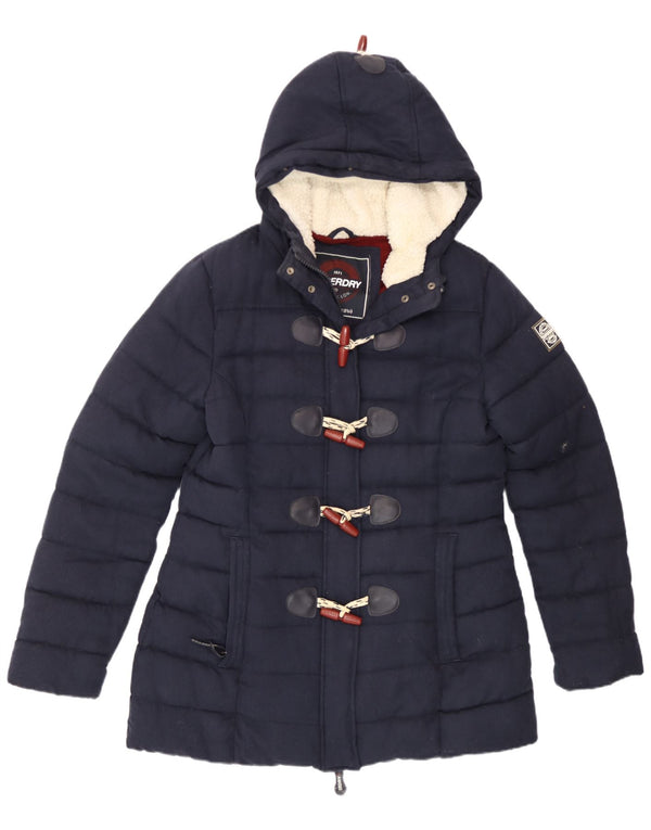 Superdry Veste à capuche Duffle rembourrée pour femme UK 14 Large Bleu marine Polyester