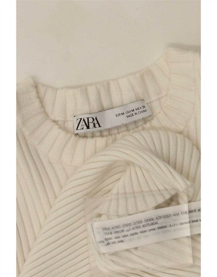 Zara Womens Crop Long Sleeve Blouse Top UK 12 Medium White Cotton