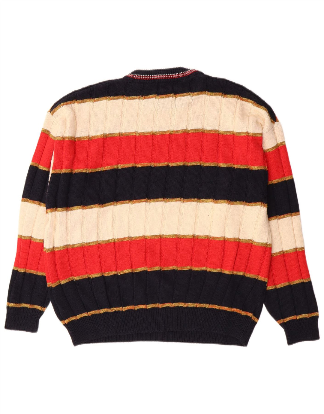 Vintage Mens Crew Neck Jumper Sweater Large Multicoloured Striped Cotton