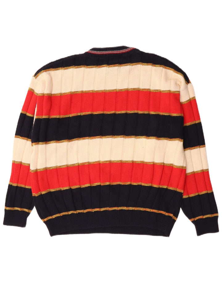 Vintage Mens Crew Neck Jumper Sweater Large Multicoloured Striped Cotton