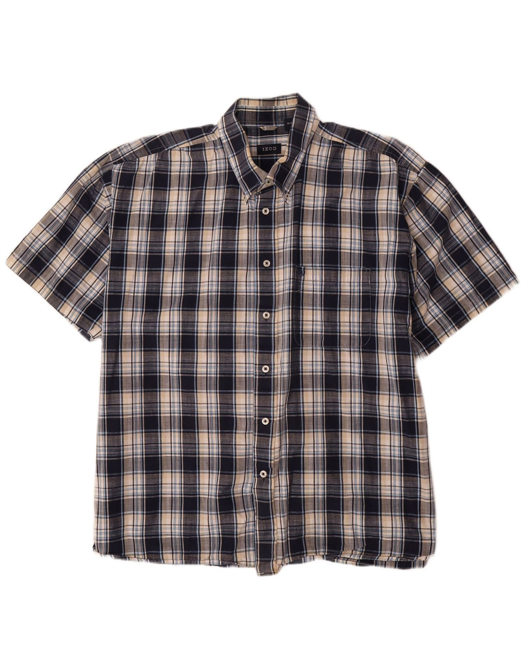 IZOD Mens Short Sleeve Shirt XL Navy Blue Check Cotton