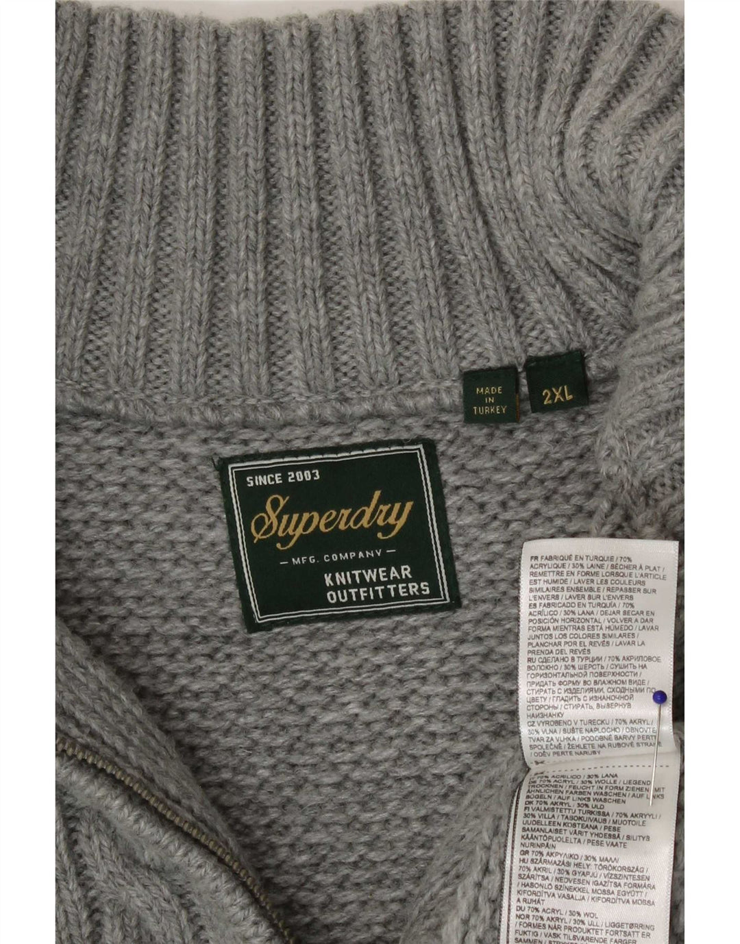 Superdry Mens Zip Neck Jumper Sweater 2XL Grey Acrylic