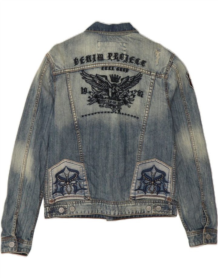 VINTAGE Mens Graphic Denim Jacket UK 36 Small Blue Cotton Vintage Vintage and Second-Hand Vintage from Messina Hembry 