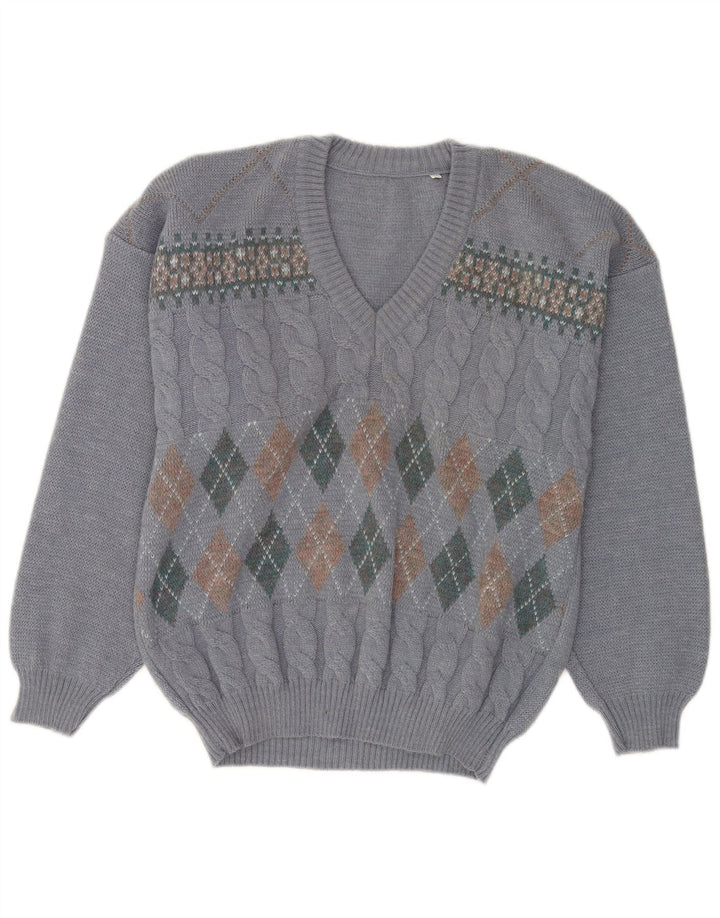 VINTAGE Mens V-Neck Jumper Sweater IT 50 Medium Blue Argyle/Diamond Wool
