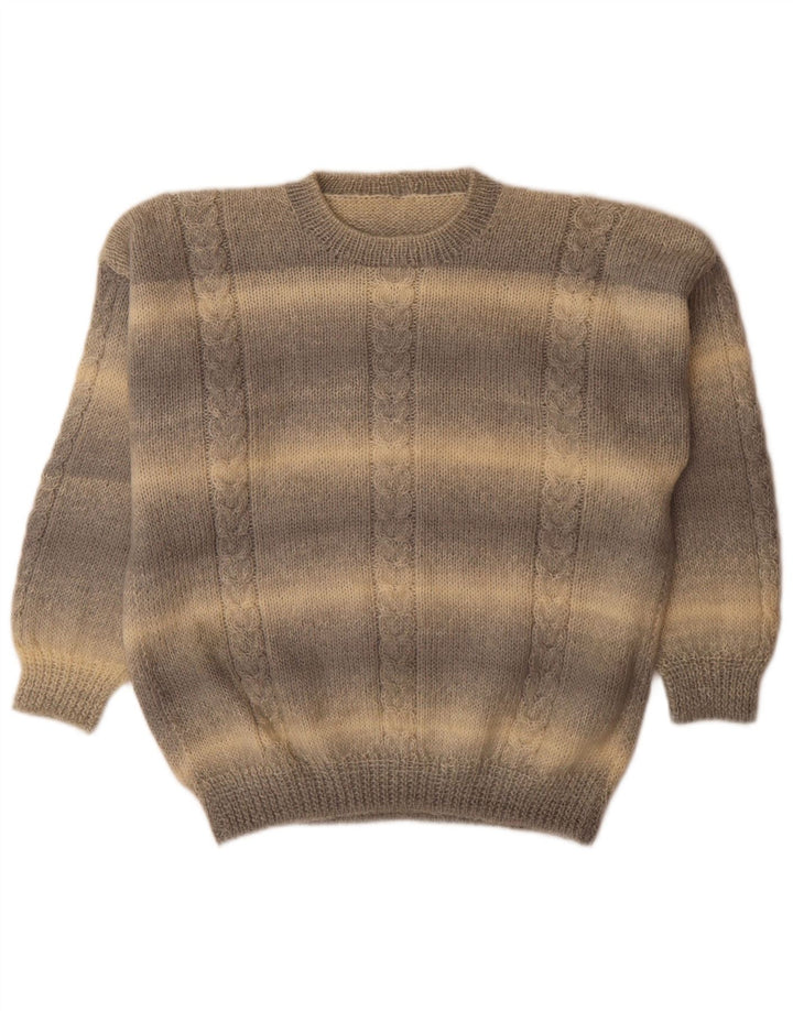 Vintage Mens Crew Neck Jumper Sweater Large Grey Striped