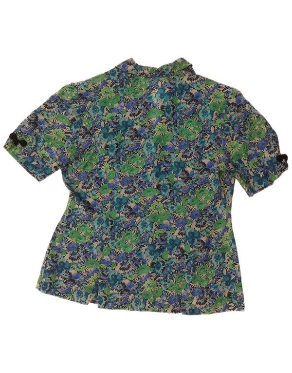 Vintage Womens Short Sleeve Shirt Blouse UK 14 Large Green Floral Acetate