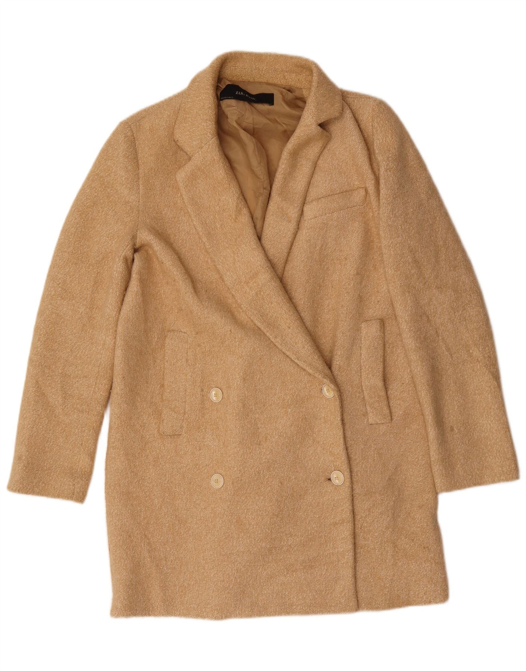 Zara Casaco feminino oversized com peito duplo Reino Unido 10 pequeno poliéster bege