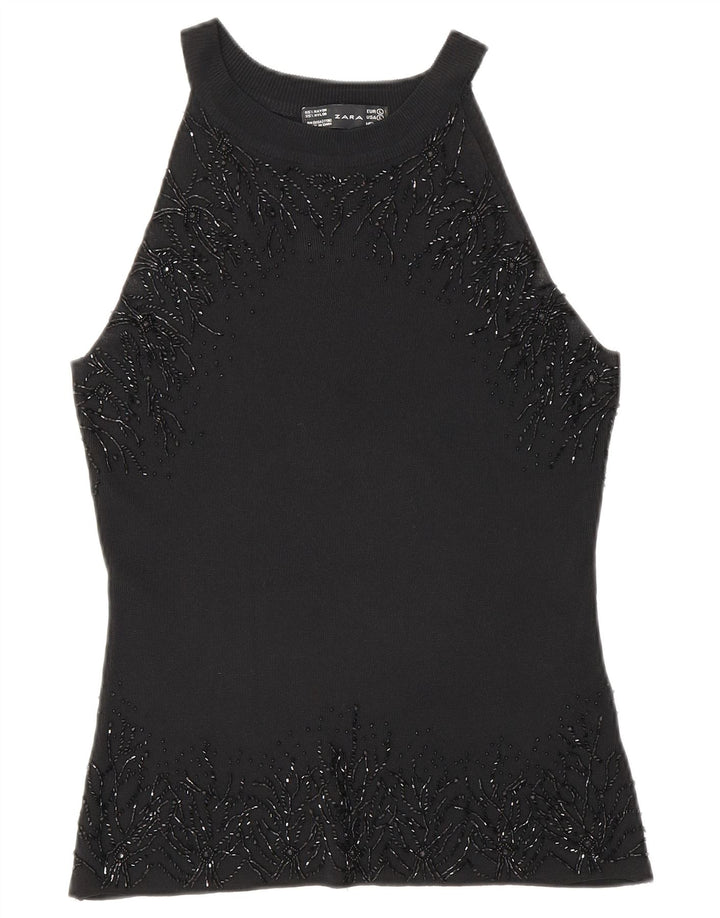 Zara Womens Sleeveless Blouse Top UK 14 Large Black Rayon