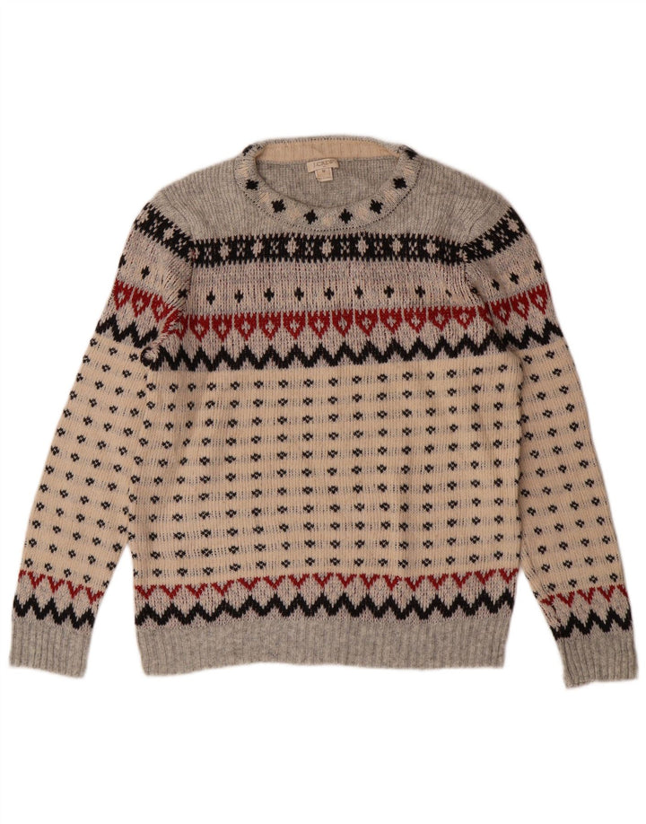 J. CREW Womens Crew Neck Jumper Sweater UK 12 Medium Grey Fair Isle