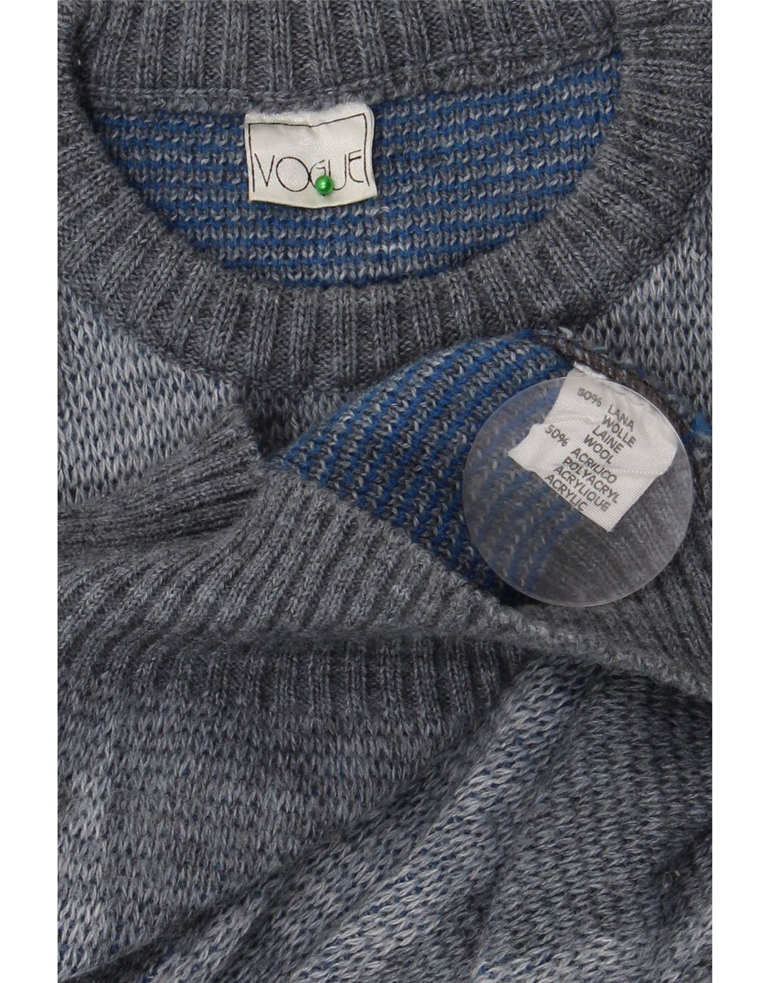 VOGUE Mens Crew Neck Jumper Sweater Large Grey Argyle/Diamond Wool