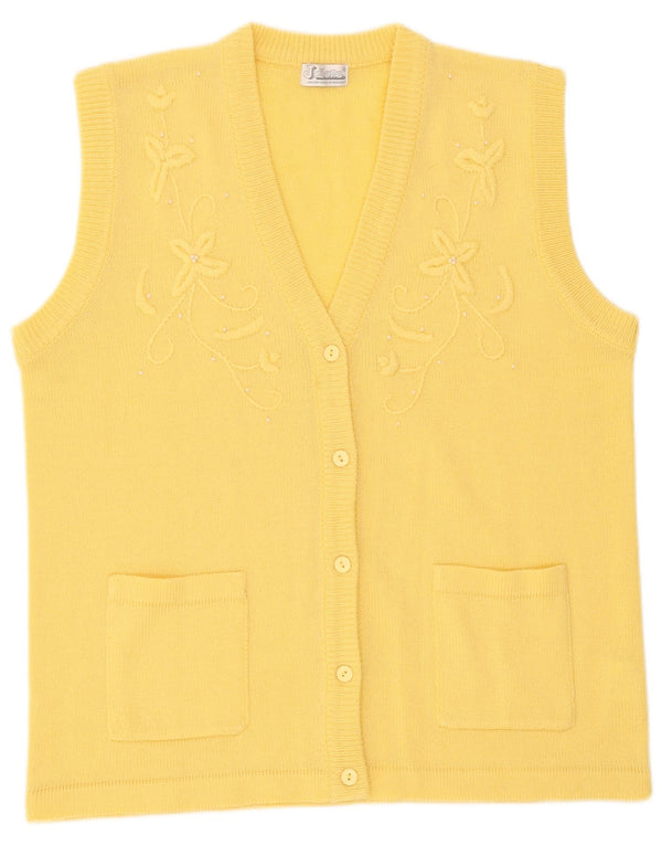 Vintage Womens Sleeveless Cardigan Sweater UK 16 Large Yellow Floral