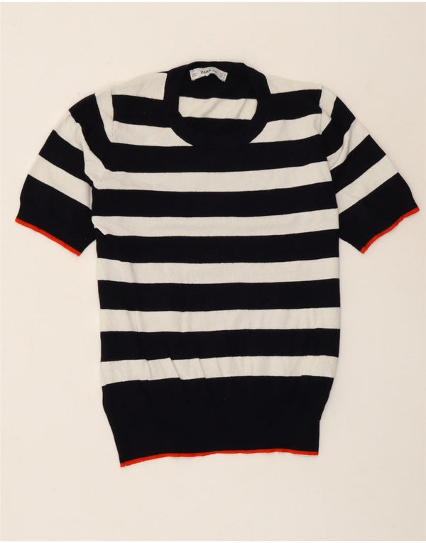 Zara Mujer Blusa Manga Corta Top UK 40 Small Viscosa Rayas Blancas