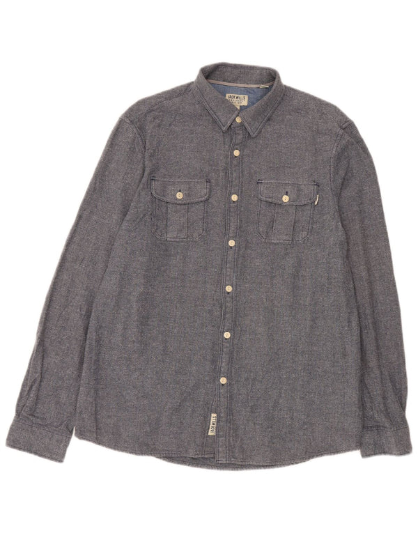 Jack Wills Mens Shirt Large Blue Herringbone Cotton