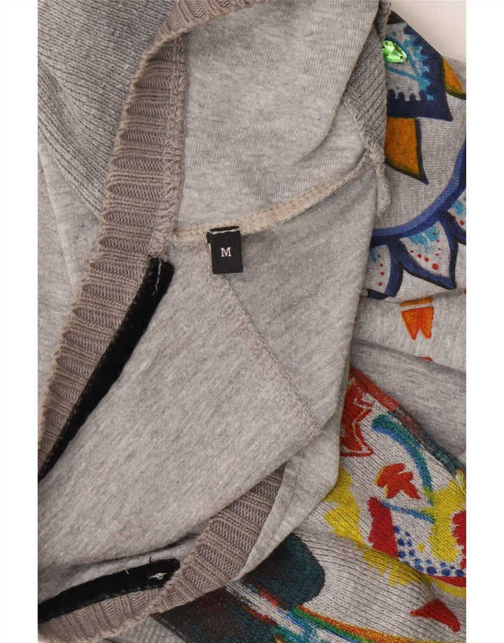 Desigual Womens Graphic Top Long Sleeve UK 12 Medium Grey Geometric Cotton