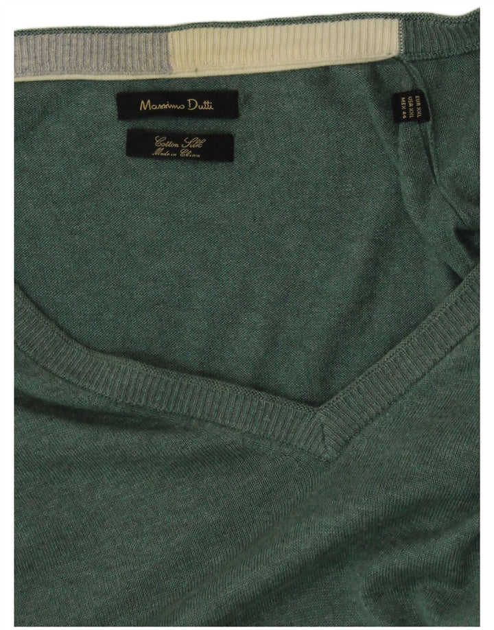 MASSIMO DUTTI Mens V-Neck Jumper Sweater 2XL Green Cotton