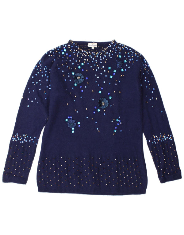 Fiorucci Maglione da donna con scollo a barchetta UK 14 Medio Blu navy maculato