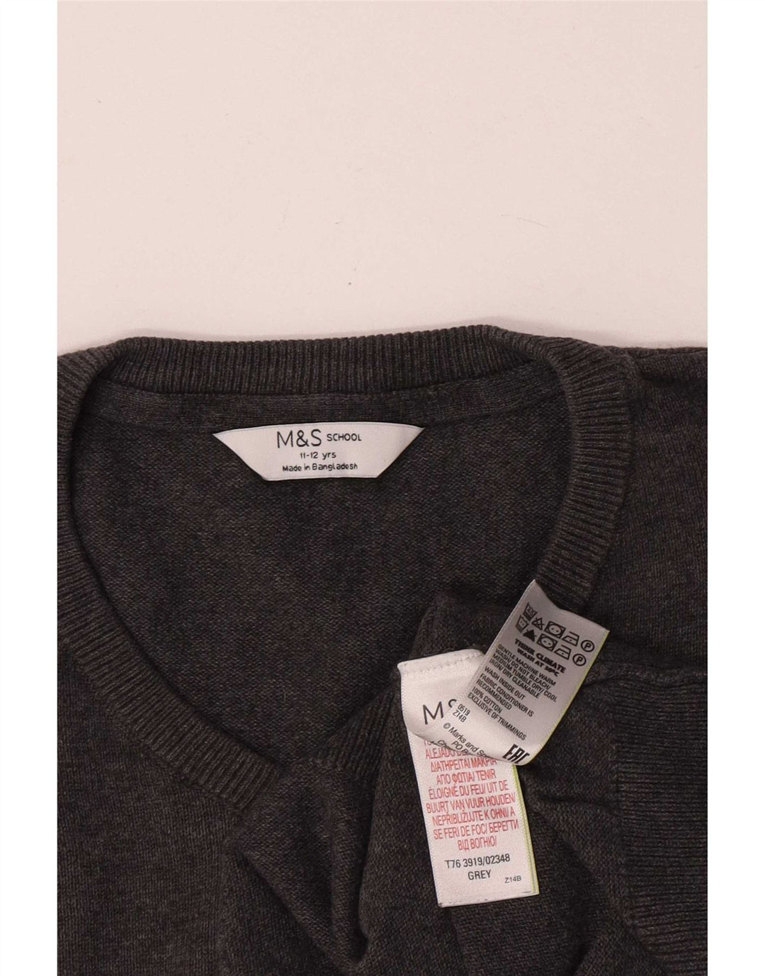 Marks & Spencer Boys V-Neck Jumper Sweater 11-12 Years Grey Cotton