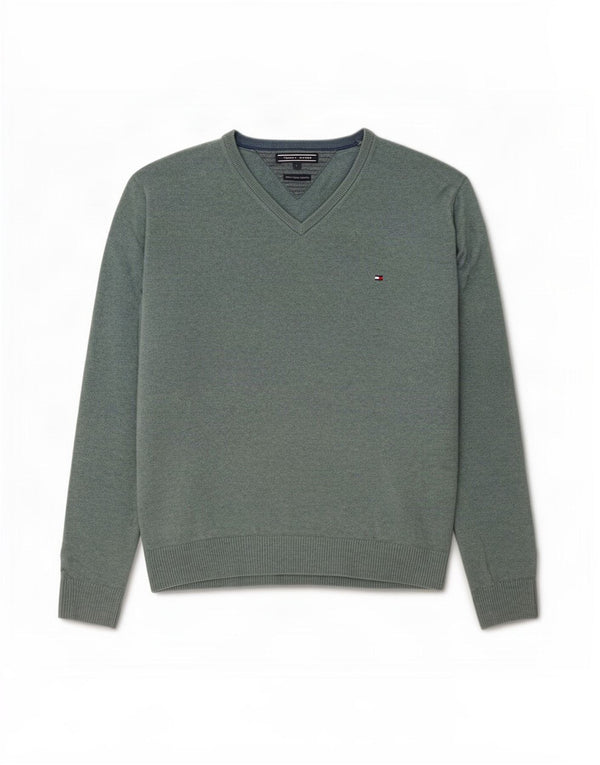 Tommy Hilfiger Mens V-Neck Jumper Sweater Large Green Cotton