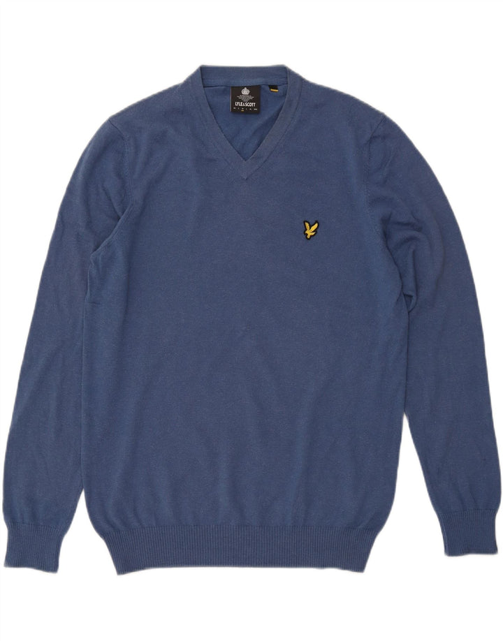 Lyle & Scott Mens V-Neck Jumper Sweater Medium Blue Cotton