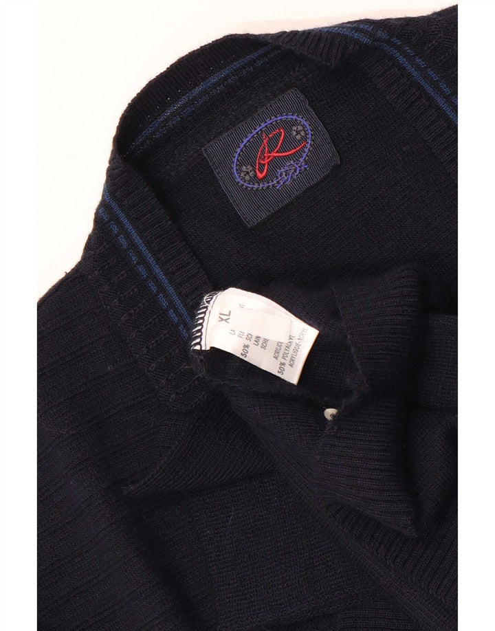 Vintage Mens Graphic Cardigan Sweater XL Navy Blue Wool