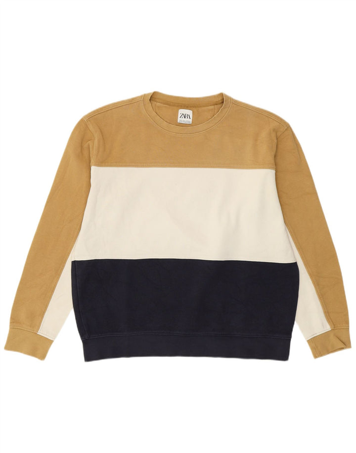 Zara Herre Sweatshirt Jumper Stor Beige Colourblock Bomuld