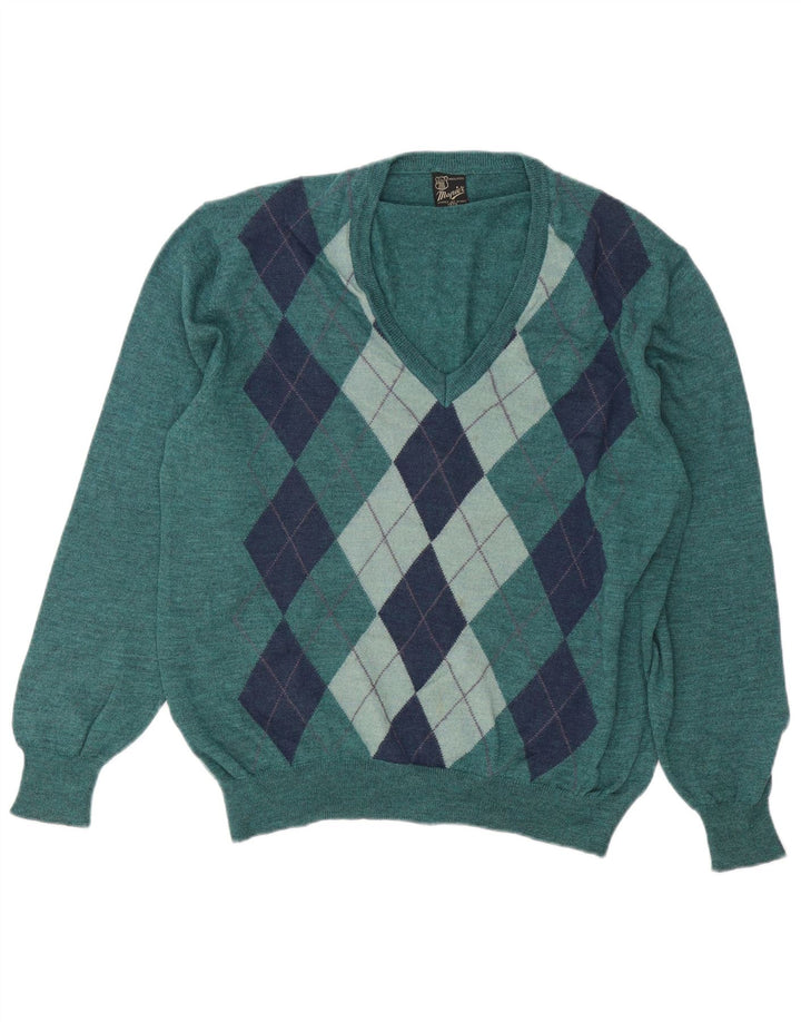 Mapier Herren-Pullover mit V-Ausschnitt, mittelgrüne Argyle-/Diamantwolle