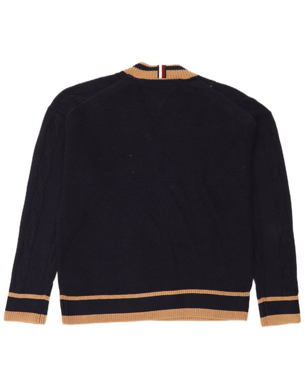 Tommy Hilfiger Mens V-Neck Jumper Sweater Medium Navy Blue Striped Cotton