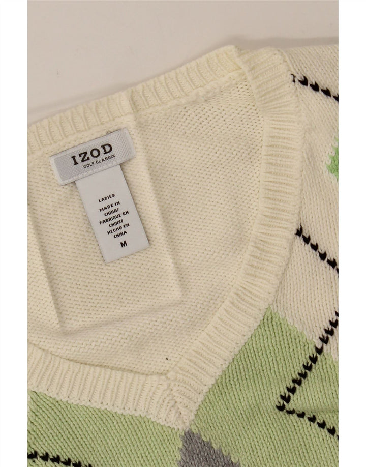 IZOD Womens V-Neck Jumper Sweater UK 14 Medium White Argyle/Diamond Cotton Vintage Izod and Second-Hand Izod from Messina Hembry 