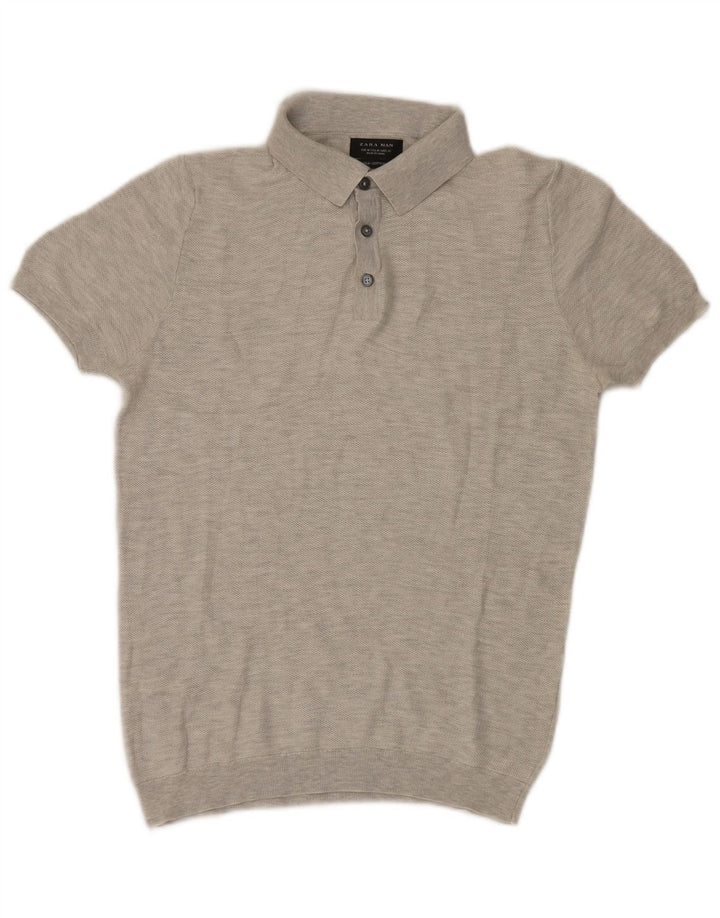 Zara Mens Short Sleeve Polo Neck Jumper Sweater Medium Grey Flecked