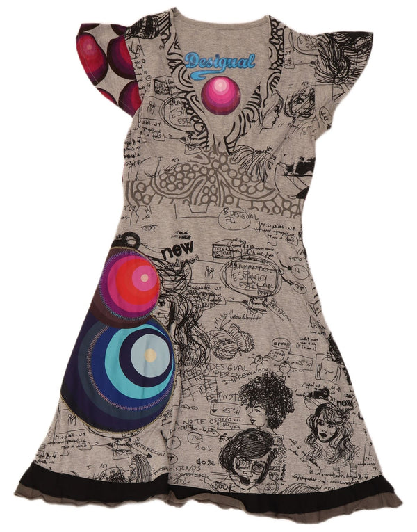 Desigual Damen Grafik-A-Linien-Kleid UK 8 Small Graue Baumwolle