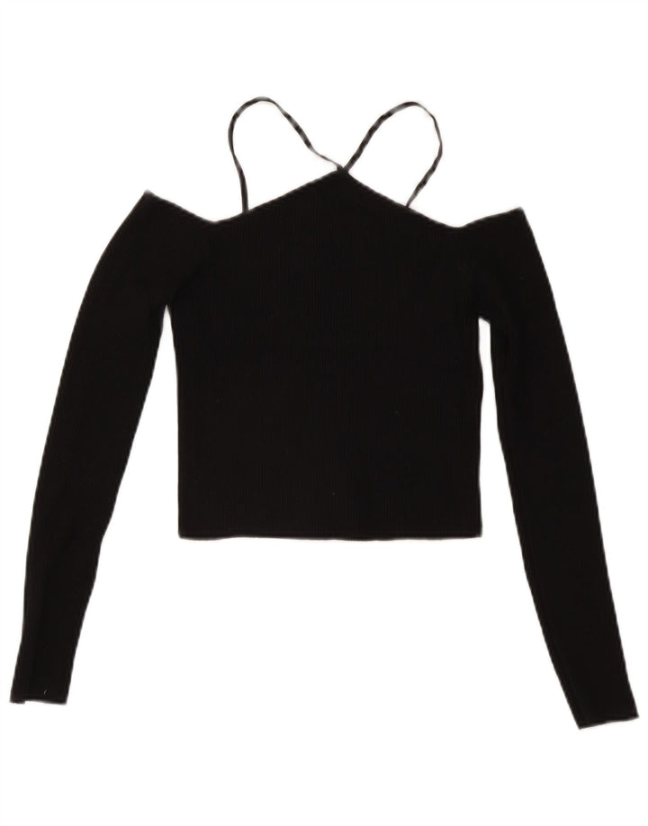 Zara Womens Long Sleeve Off Shoulder Crop Top UK 12 Medium Black Viscose