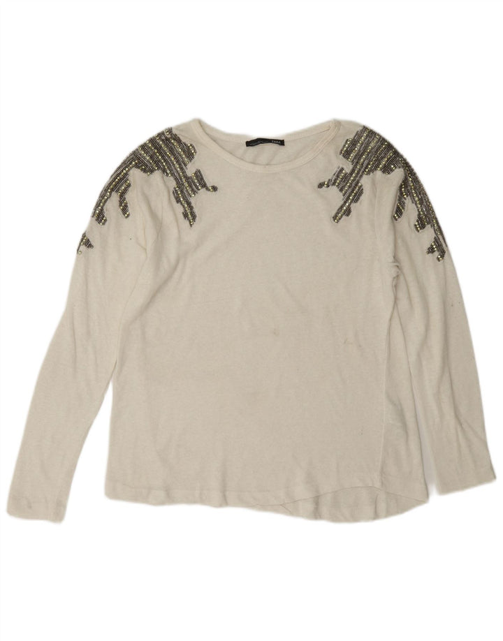 Top Zara da donna a maniche lunghe UK 10 piccolo in cotone bianco