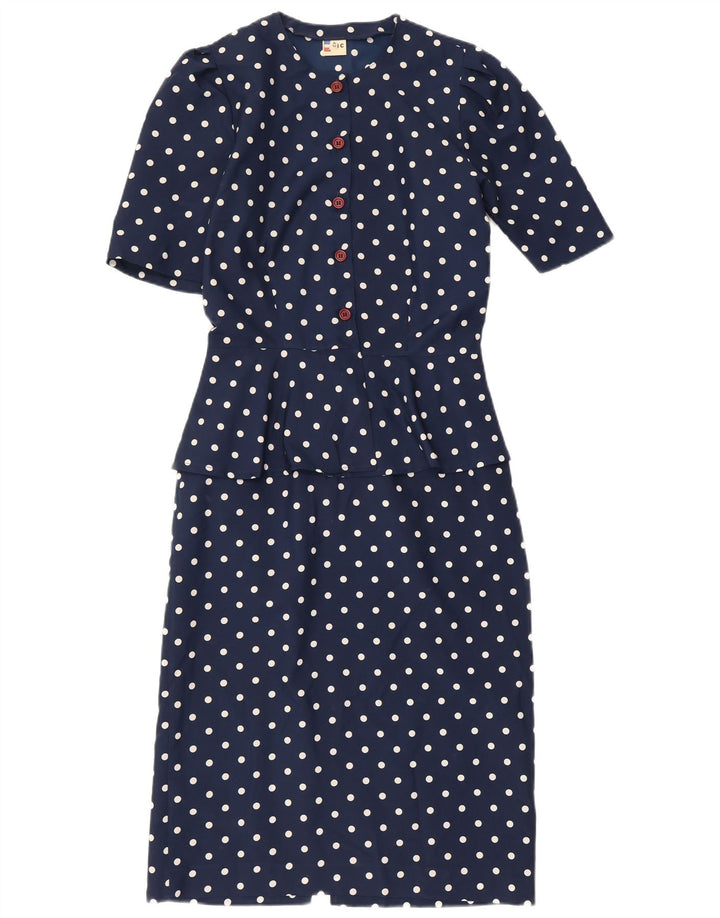 Vintage Womens Peplum Dress IT 42 Medium Navy Blue Polka Dot Polyester