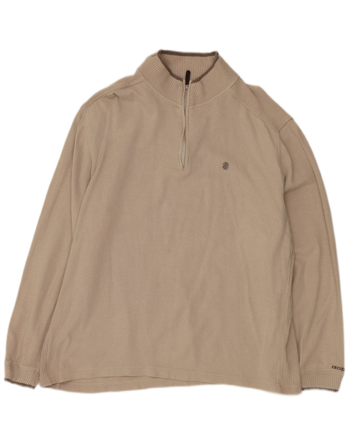 Izod Mens Zip Neck Top Long Sleeve Large Beige Cotton